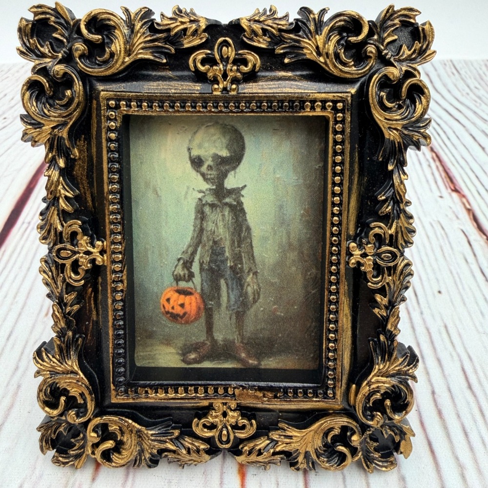 Gothic Halloween Skeleton Art Ornate Black Gold Resin Frame Zombie Pumpkin Print